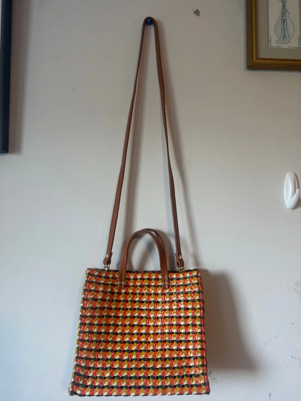 Clare V Multicolor Woven Tote in Red, Yellow & Green with Brown Handles - Picture 10 of 13